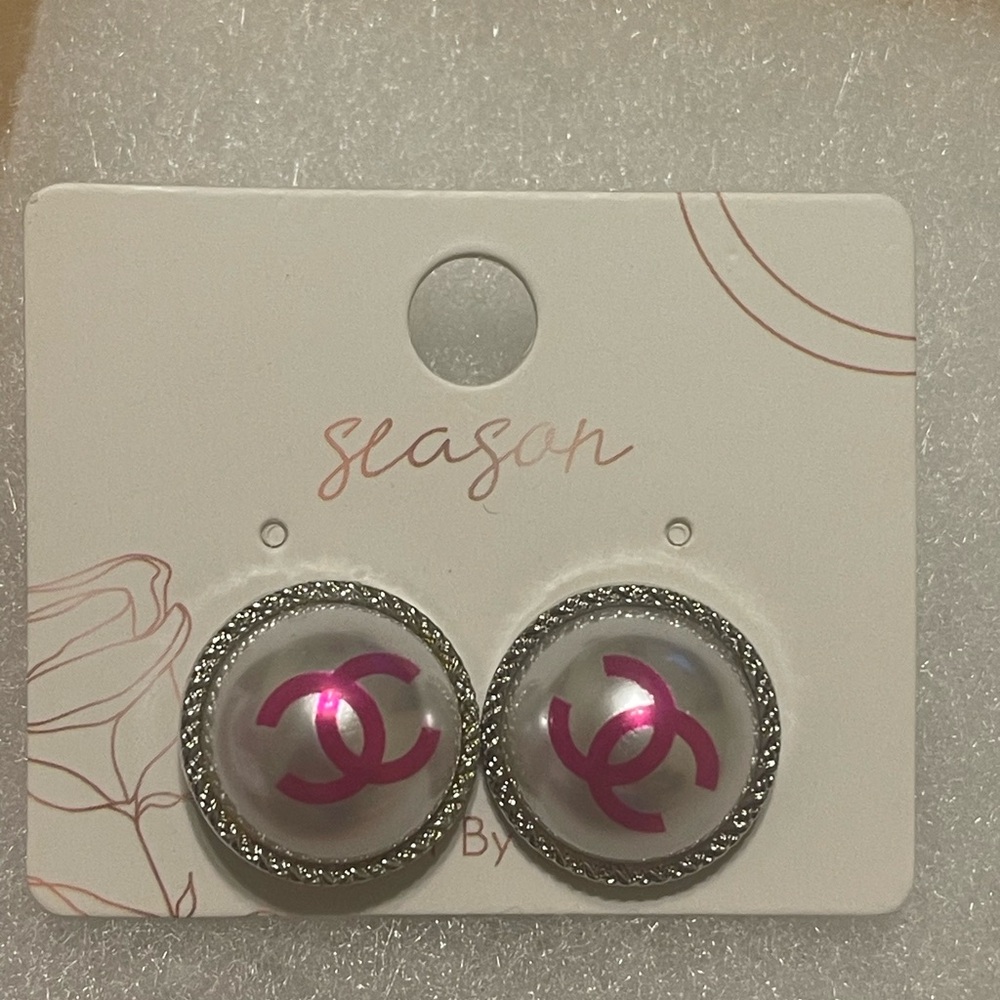 Silver-Tone Earrings with Pink Logo Accent